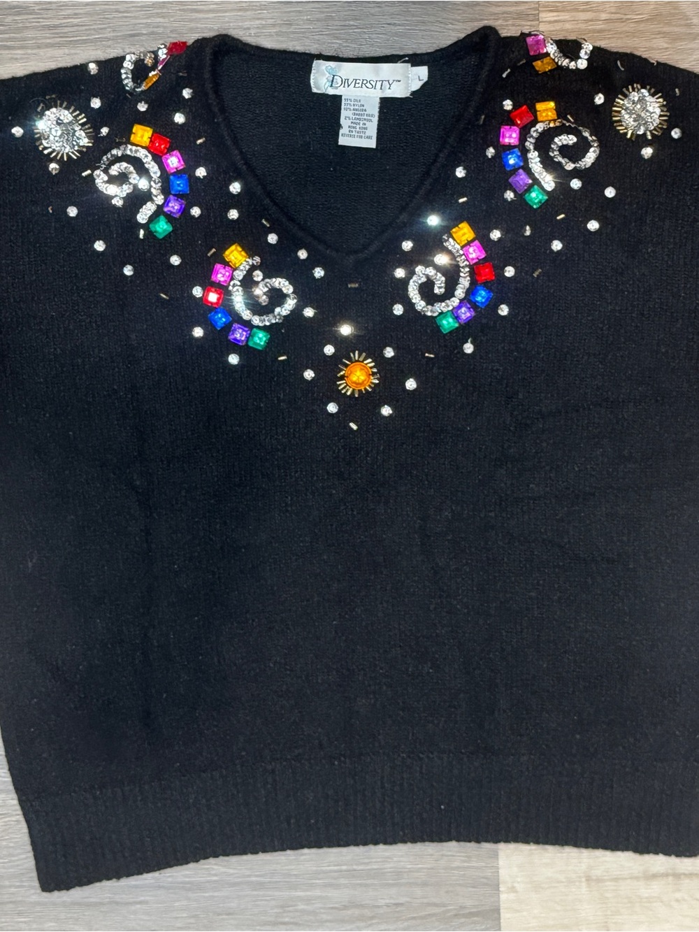 Vintage Diversity Black Silk Mohair Blend V-Neck Sweater w/ Jewel Accents